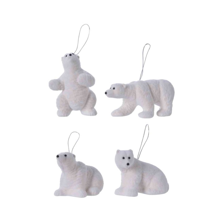 Quatre ours polaires en peluche blanche, aux formes variées, avec des fils pour suspendre.