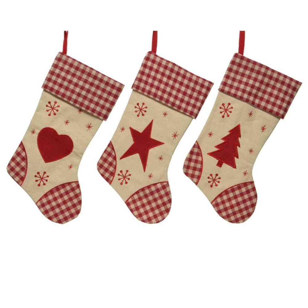 Chaussettes de Noël en tissu beige et rouge, ornées de motifs festifs.