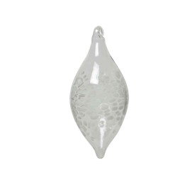 Ornement en verre transparent, forme allongée, surface texturée et brillante.