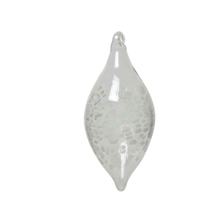 Ornement en verre transparent, forme allongée, surface texturée et brillante.