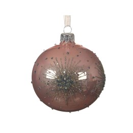 Boule de Noël rose ornée de paillettes et motifs scintillants, élégante et festive.