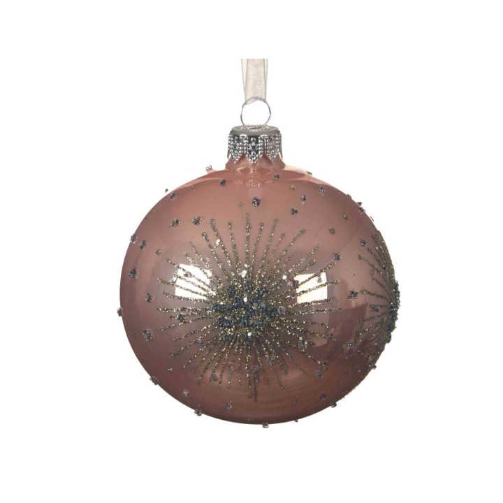 Boule de Noël rose ornée de paillettes et motifs scintillants, élégante et festive.