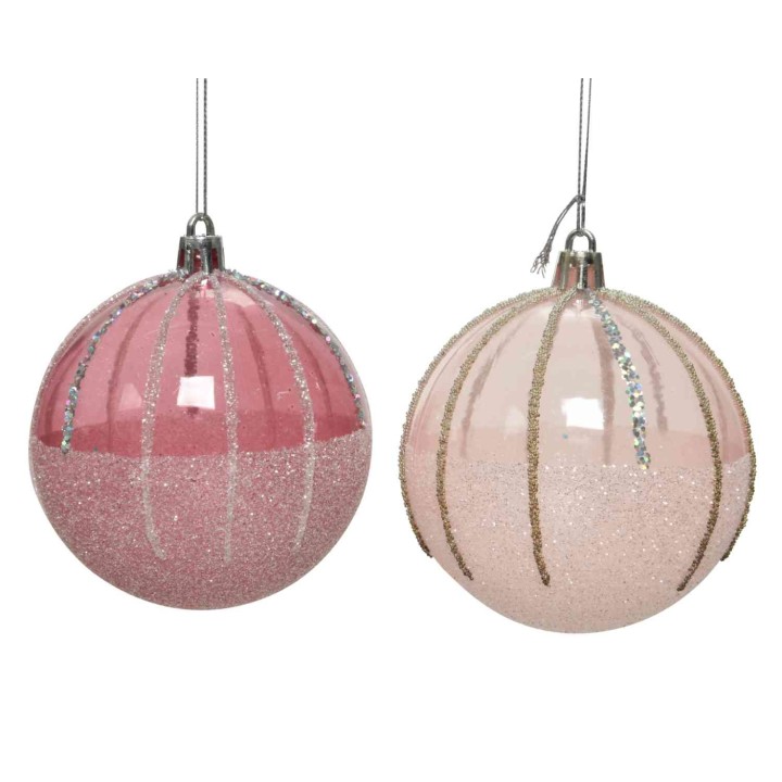 Boules de Noël brillantes en rose, ornées de paillettes et de motifs dorés.