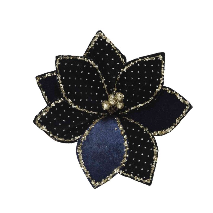 Fleur stylisée en velours noir et bleu, ornée de perles brillantes.
