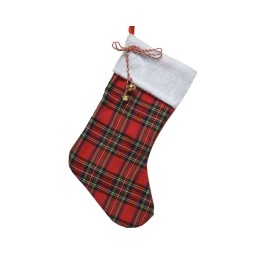 Chaussette de Noël en tartan rouge avec bordure blanche et clochettes dorées.