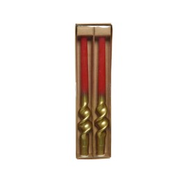 Bougies rouges spiralées avec supports dorés, présentées dans un élégant emballage.