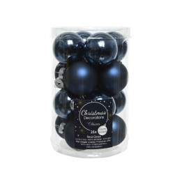 Boules de Noël bleu foncé, brillantes et mates, dans un contenant transparent.