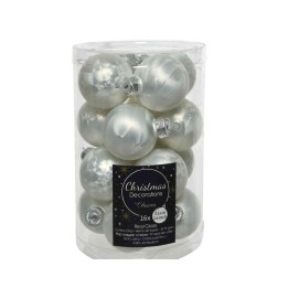 Boules de Noël en verre argenté, brillantes, emballées dans un pot transparent.