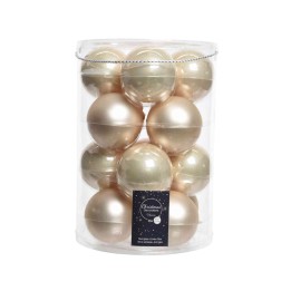 Boules décoratives brillantes dans un contenant transparent, aux teintes dorées et argentées.