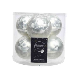 Boules de Noël argentées aux reflets scintillants, présentées dans un emballage transparent.