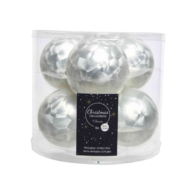 Boules de Noël argentées aux reflets scintillants, présentées dans un emballage transparent.