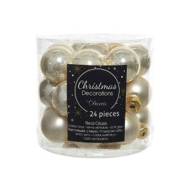Boules de Noël en verre, dorées et argentées, présentées dans un emballage transparent.