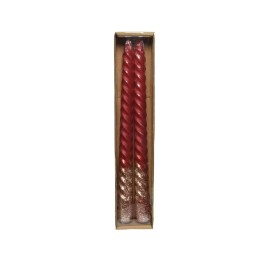 Deux bougies torsadées rouges avec paillettes dorées, présentées dans une boîte en carton.