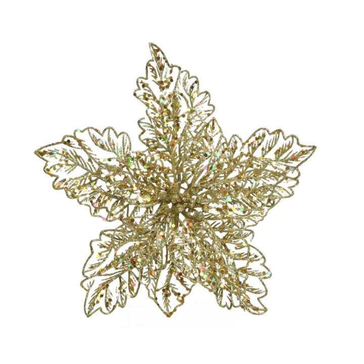 Étoile décorative dorée aux feuilles scintillantes, évoquant l'élégance festive.