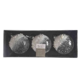 Trois boules décoratives blanches et transparentes, scintillantes dans un emballage noir.