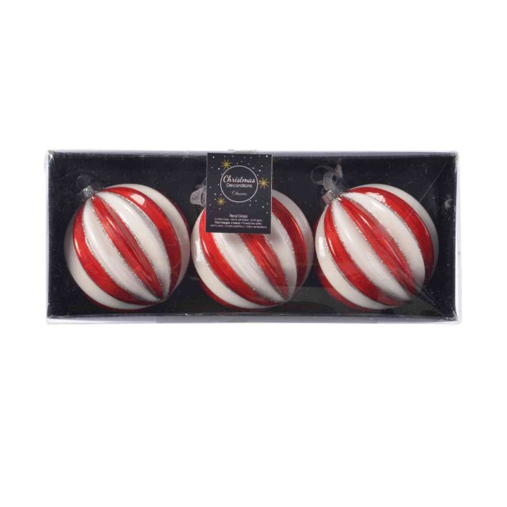 Trois boules de Noël rayées rouges et blanches, présentées dans un emballage transparent.