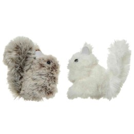 Deux peluches adorables : un écureuil brun et un chat blanc, aux textures douces et soyeuses.