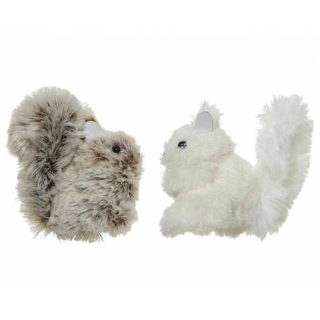 Deux peluches adorables : un écureuil brun et un chat blanc, aux textures douces et soyeuses.