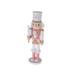 Poupée de soldat en bois, rose et blanche, décorée de paillettes et d'un sabre.
