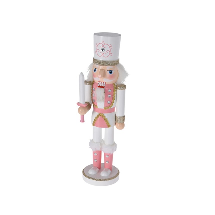 Poupée de soldat en bois, rose et blanche, décorée de paillettes et d'un sabre.