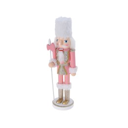 Bonhomme de bois rose, chapeau fourré, tenue scintillante et bâton, style festif.