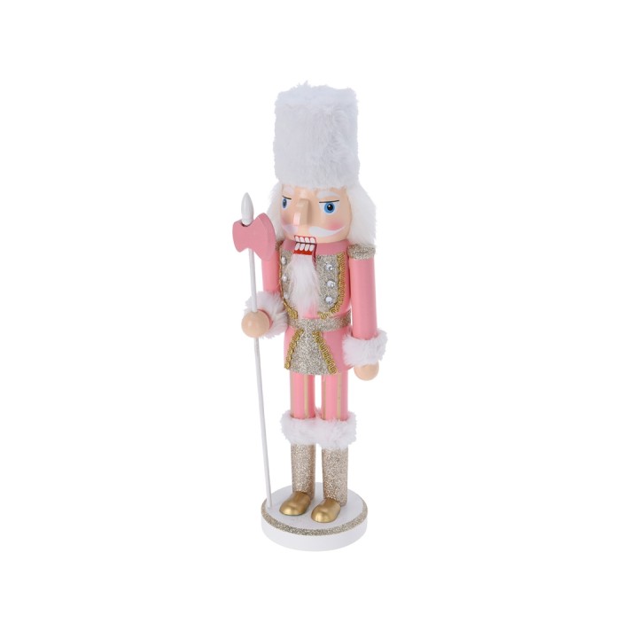 Bonhomme de bois rose, chapeau fourré, tenue scintillante et bâton, style festif.