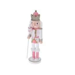 Soldat en bois coloré, couronné, vêtu de rose et blanc, avec un bâton.