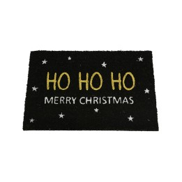 Tapis d'entrée noir avec inscriptions dorées et argentées sur fond étoilé.