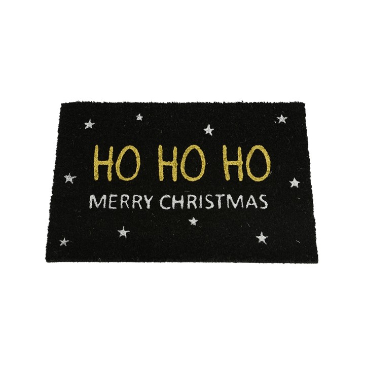 Tapis d'entrée noir avec inscriptions dorées et argentées sur fond étoilé.