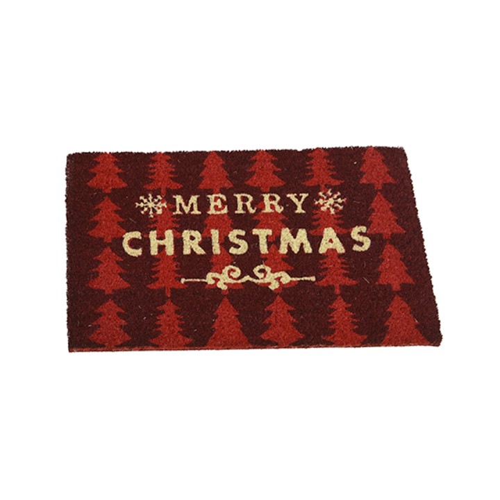 Tapis d'entrée rouge avec motifs d'arbres verts et inscription festive en blanc.