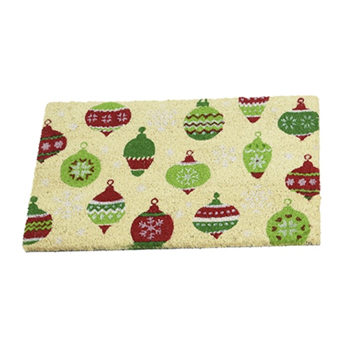 Tapis de Noël jaune orné de boules colorées vertes et rouges, motifs festifs.