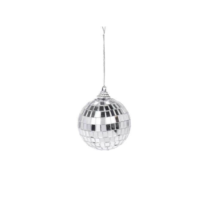 Boule à facettes argentée, scintillante, suspendue dans un espace minimaliste.