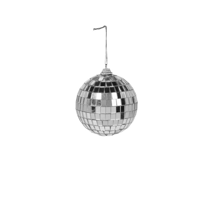 Boule à facettes argentée, scintillante, suspendue, composée de petits miroirs.