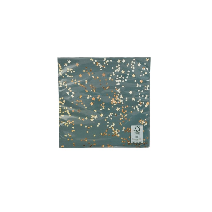 Papier de cadeau vert avec des étoiles dorées et argentées dispersées.