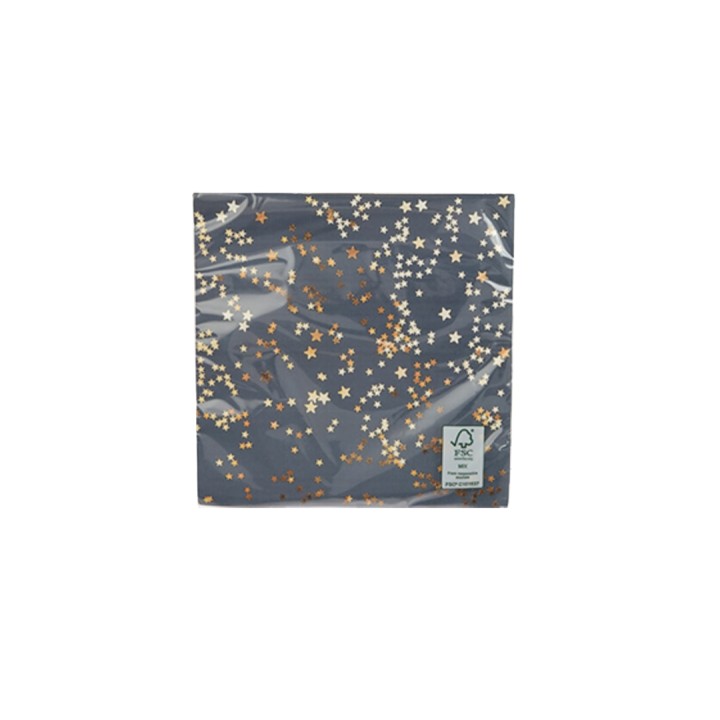 Papier cadeau bleu nuit orné d'étoiles dorées et argentées, élégant et festif.
