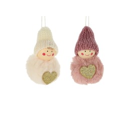 Deux adorables poupées en peluche aux visages souriants, ornées de cœurs dorés.