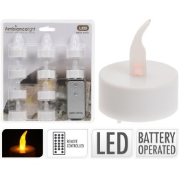Huit petites bougies LED blanches avec télécommande, flamme orange, style moderne et pratique.