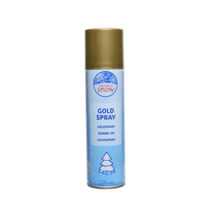 Aérosol doré pour décoration, finition brillante sur fond bleu et or.