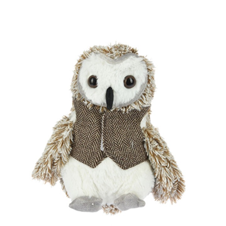 Chouette en peluche au pelage doux, vêtue d'un gilet en tweed marron et beige.
