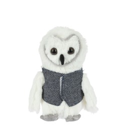 Chouette en peluche, blanche, avec un gilet en tweed et de grands yeux noirs.