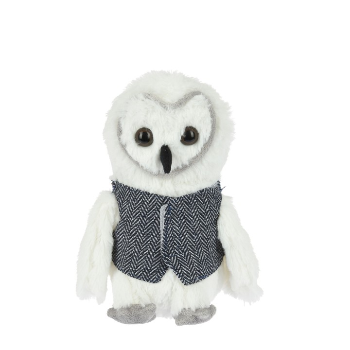 Chouette en peluche, blanche, avec un gilet en tweed et de grands yeux noirs.