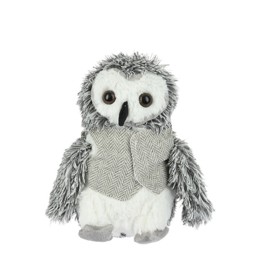 Chouette en peluche, douce, grise et blanche, avec un gilet en tissu à motifs.