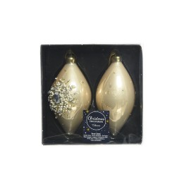 Deux ornements dorés en forme de goutte, un orné de perles brillantes, présentés dans une bo?...