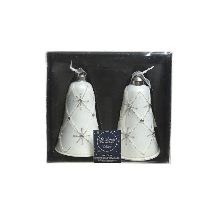 Deux cloches blanches ornées de strass, présentées dans un écrin noir élégant.