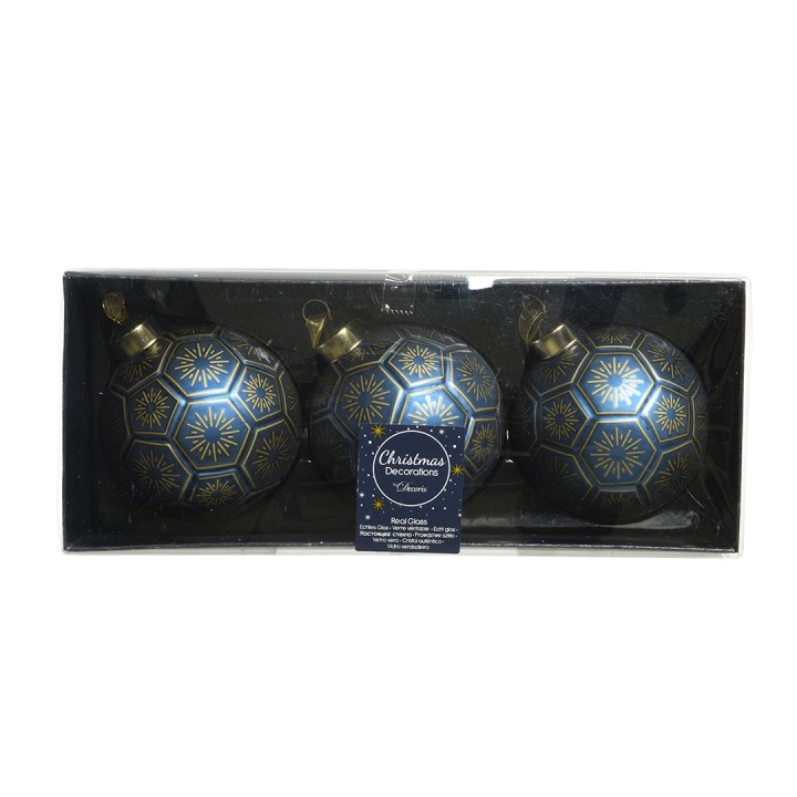 Trois boules de Noël bleues ornées d'étoiles dorées dans un élégant emballage transparent.