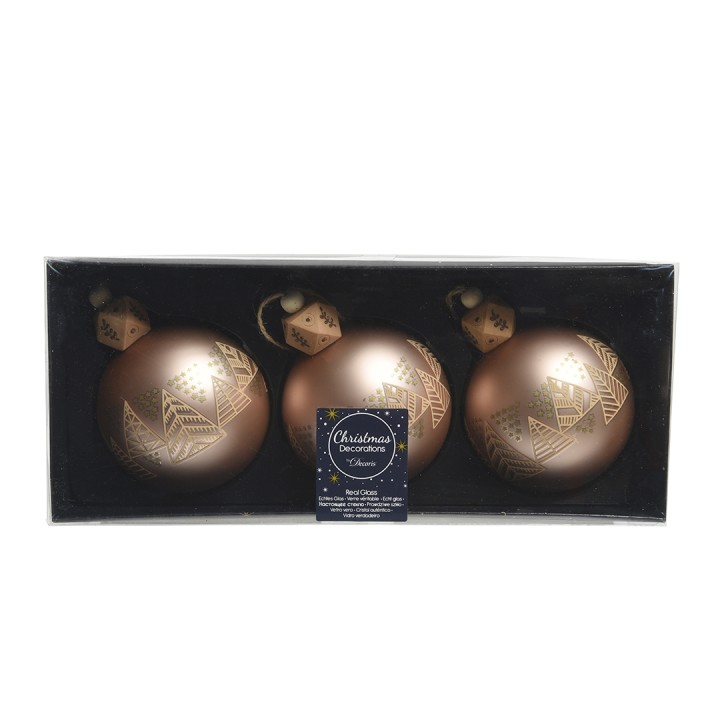 Trois boules de Noël en bronze aux motifs géométriques dorés, présentées dans une boîte é...