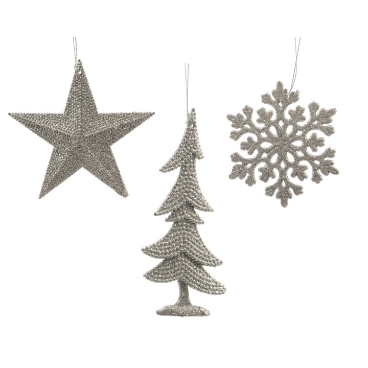 Ornements argentés en forme d'étoile, sapin et flocon de neige, scintillants et festifs.