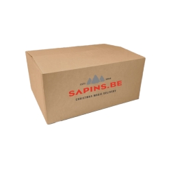 Boîte en carton marron avec logo rouge et motifs de sapins pour livraison de Noël.
