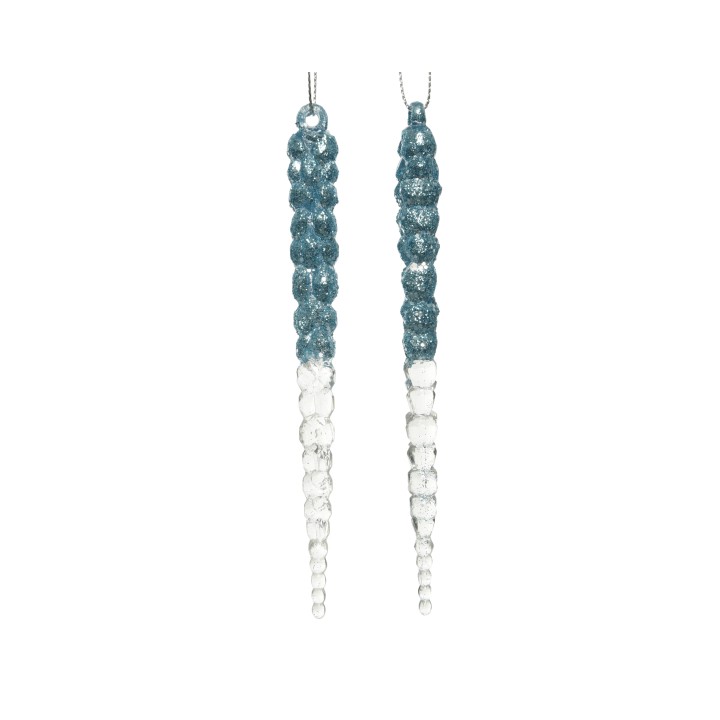Pendants d'oreilles en verre, dégradé de bleu à transparent, forme allongée et scintillante.