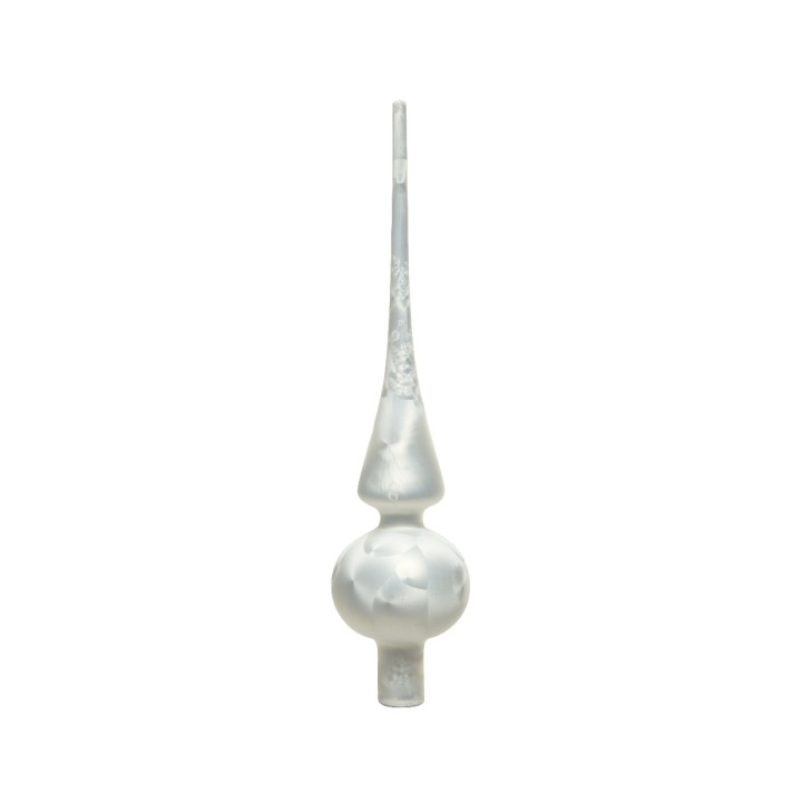 Sculpture élégante en verre, forme allongée avec un sommet pointu et une base sphérique.